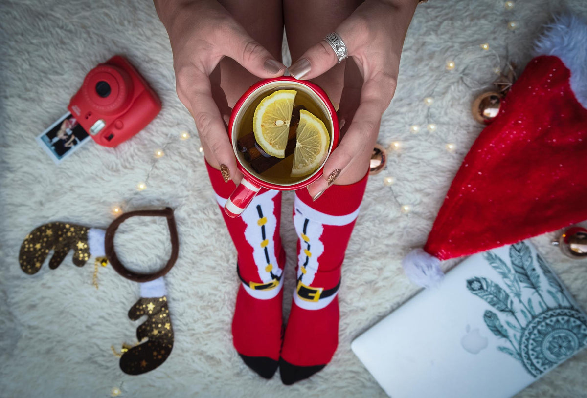 Santa Suit Socks - Red Christmas Socks with Belt & Fluffy Trim