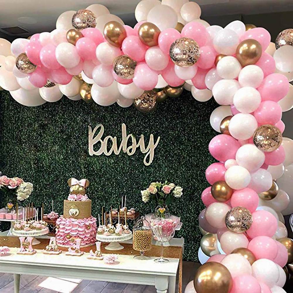 Pink white and gold balloon arch