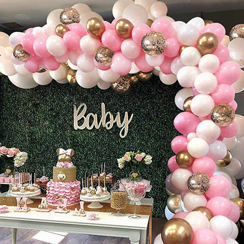 Pink white and gold balloon arch