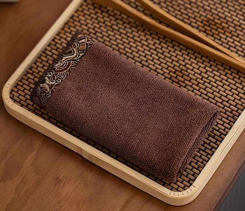 Embroidered Trim Tea Towel - Thick Cotton Linen, Oriental Border