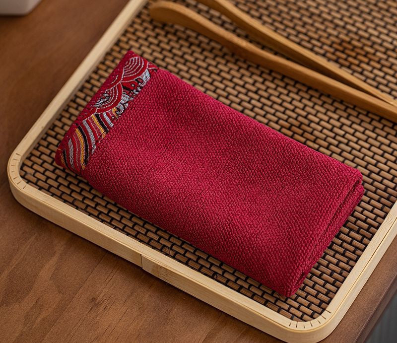 Embroidered Trim Tea Towel - Thick Cotton Linen, Oriental Border