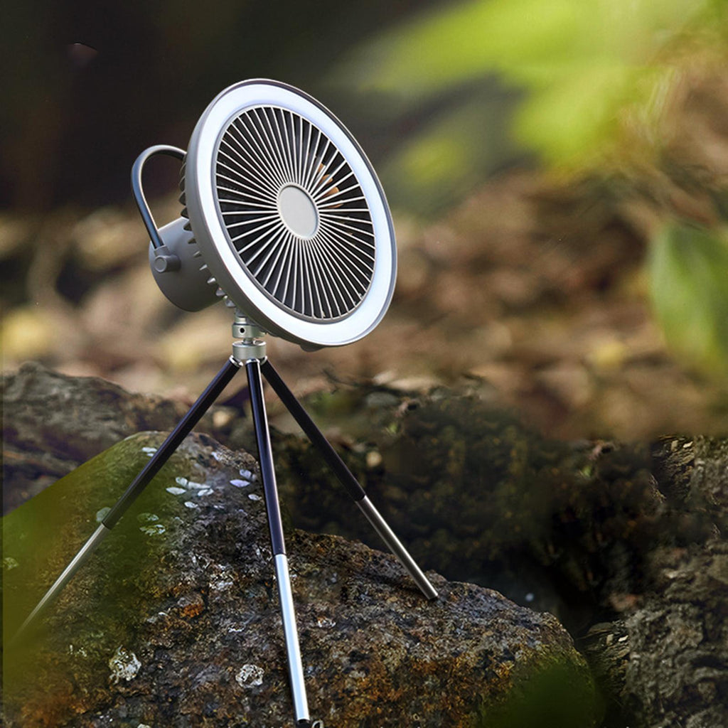 Camping Fan with LED Light & Tripod - Rechargeable Tent Fan
