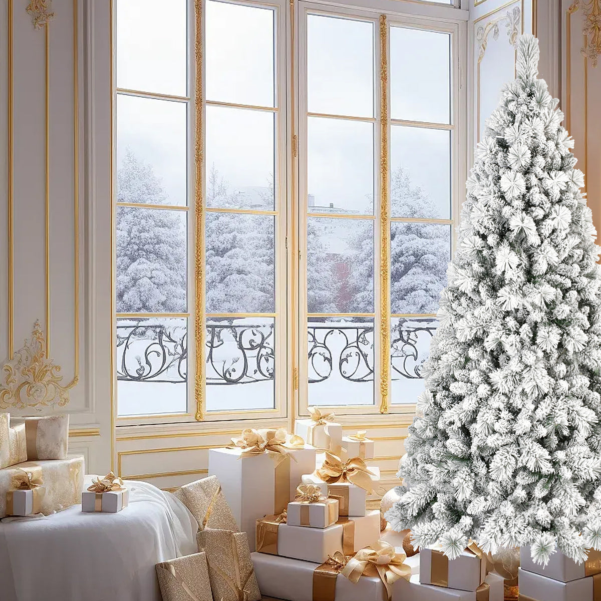 Snow flocked artificial Christmas tree