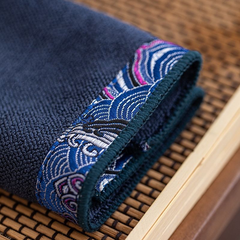 Embroidered Trim Tea Towel - Thick Cotton Linen, Oriental Border