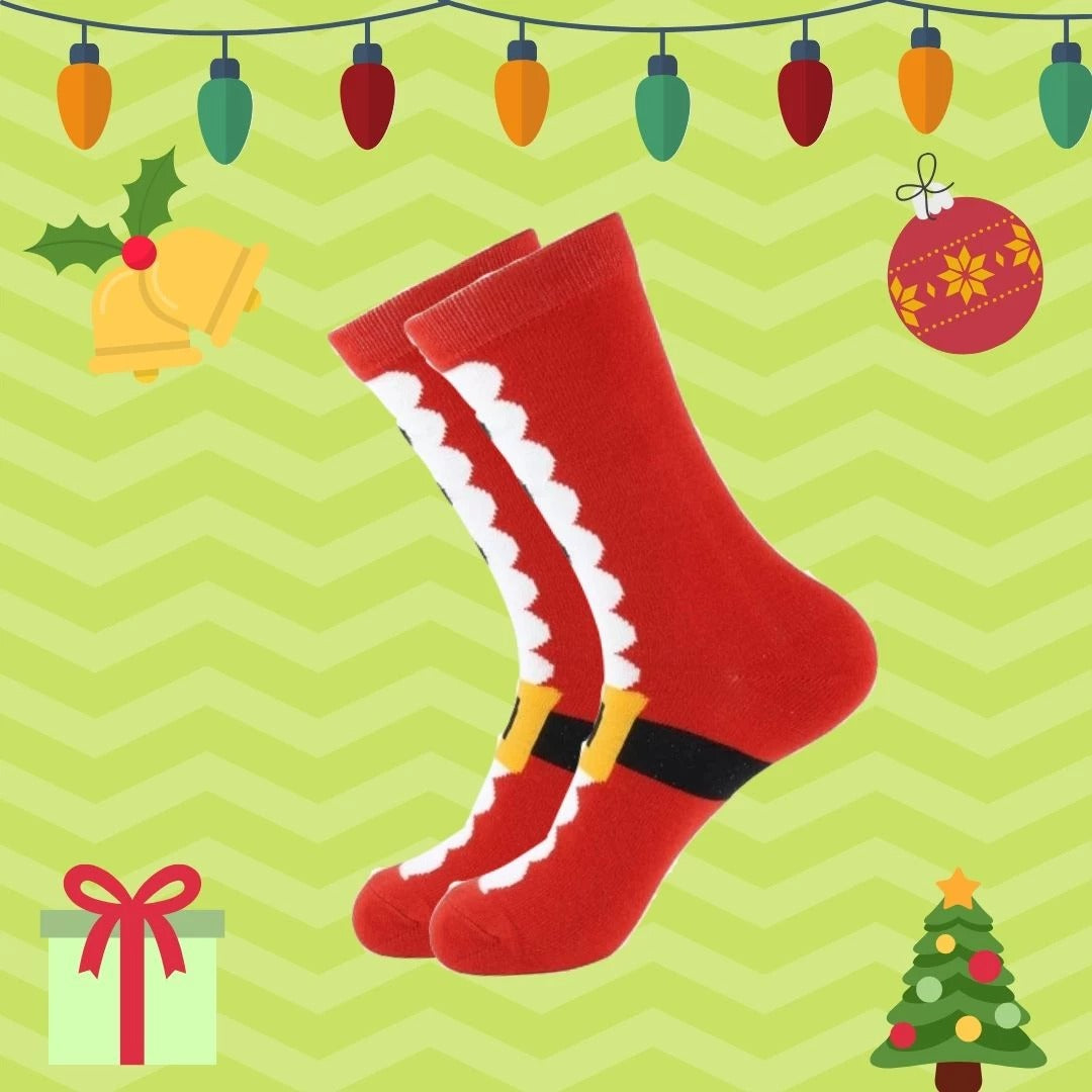 Santa Suit Socks - Red Christmas Socks with Belt & Fluffy Trim