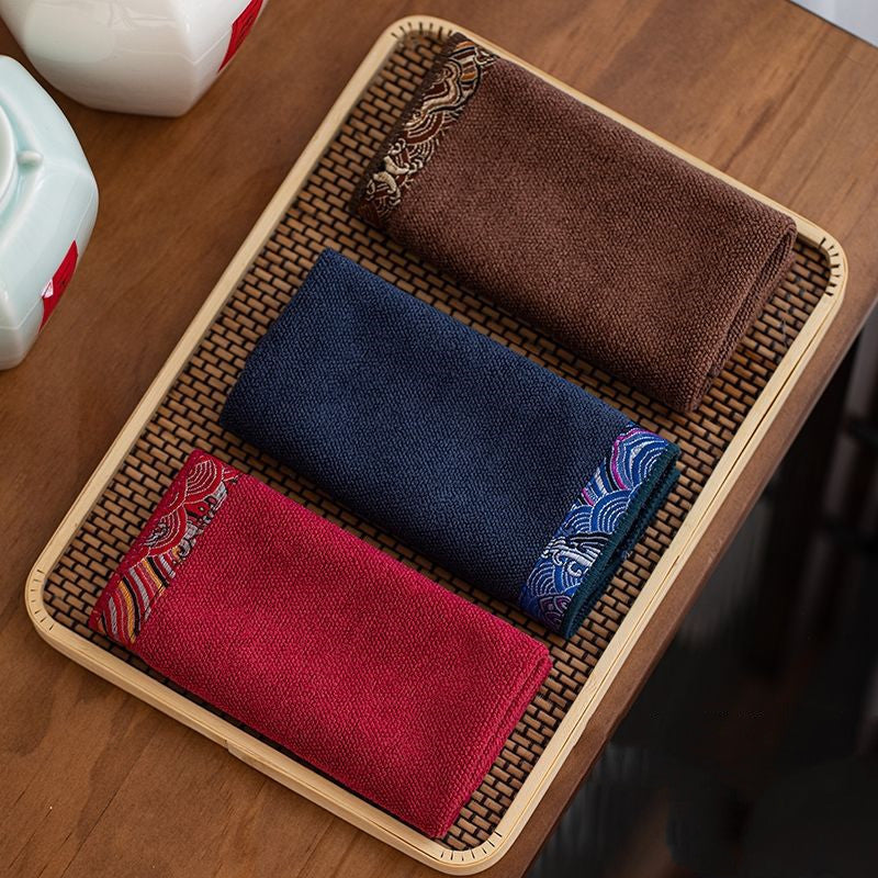 Embroidered Trim Tea Towel - Thick Cotton Linen, Oriental Border