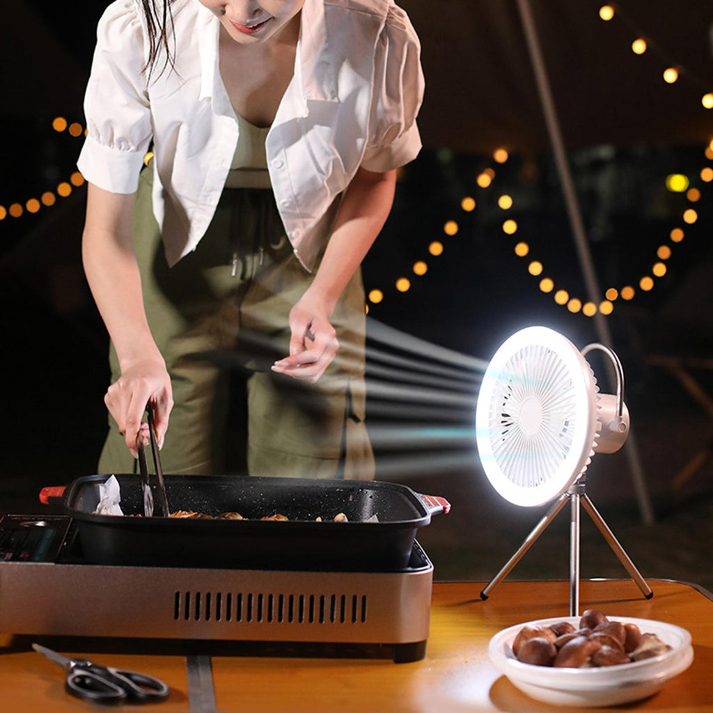 Camping Fan with LED Light & Tripod - Rechargeable Tent Fan
